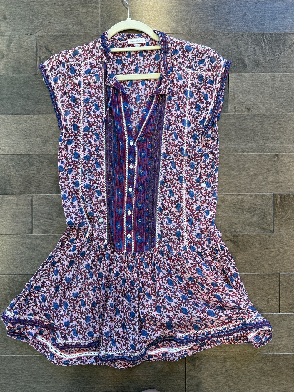 Boho Floral Short Sleeve Peasant Dress - Blue/Pink